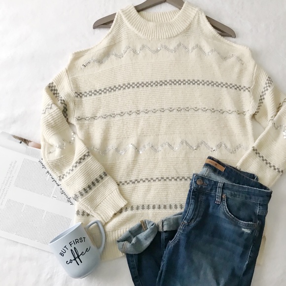 sugar rush Sweaters - Sequin Cold Shoulder Sweater